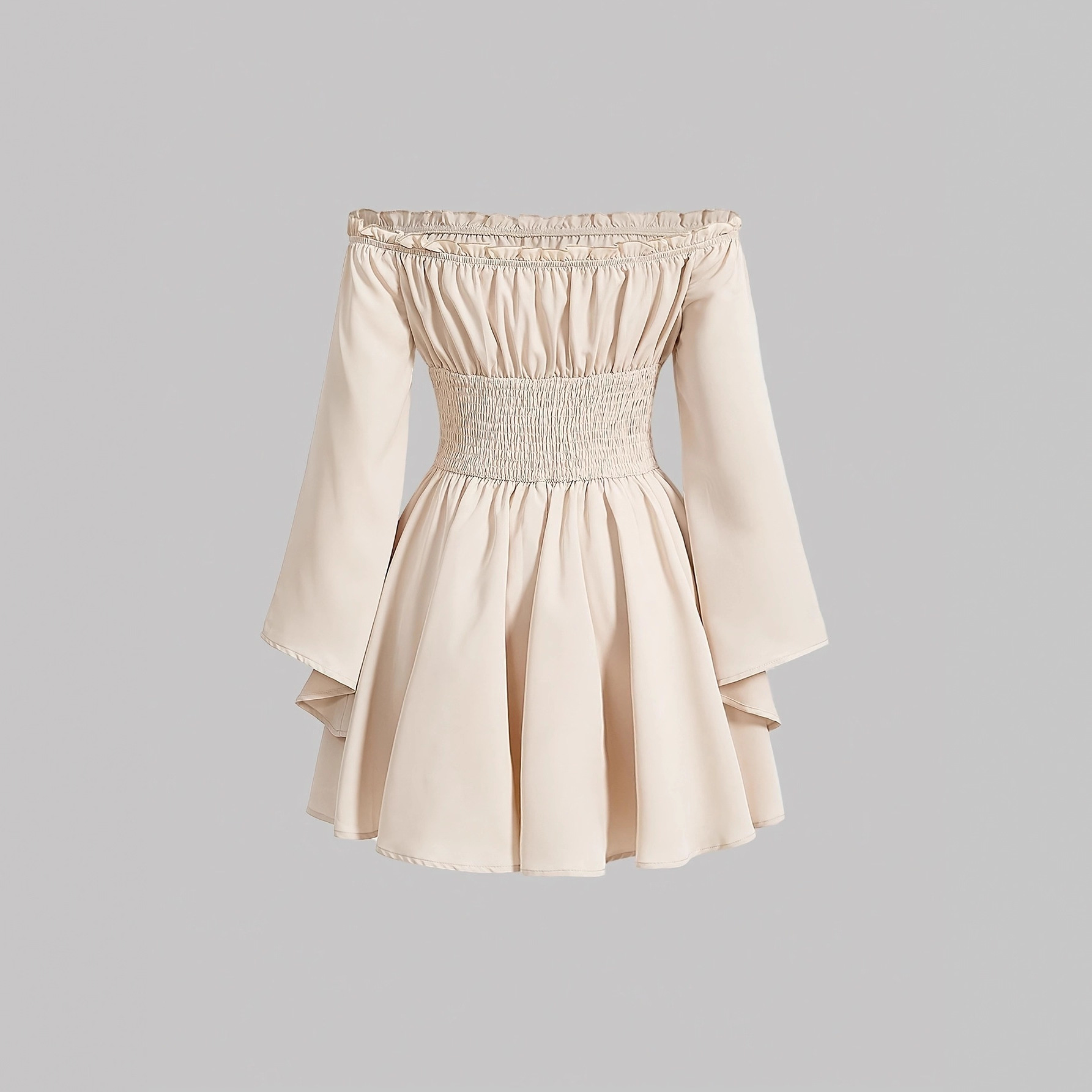 Womens Elegant Off Shoulder Dress Long Flared Sleeves High Waist Ruffled Dress